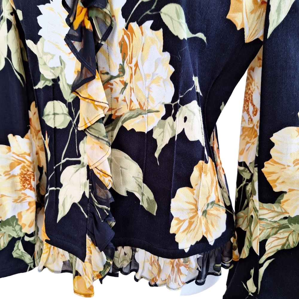 St. John Sport by Marie Gray Black Yellow Floral Ruffle Trim Blazer Jacket szS - Picture 8 of 13